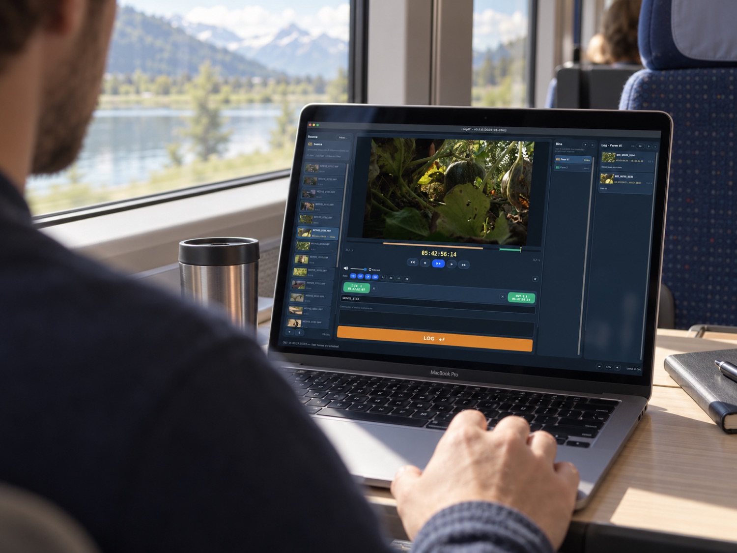 A laptop on a train table, clips being logged, a lake and mountains going past the window