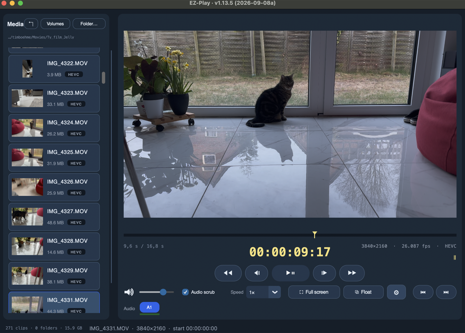 EZ-Play playing a 4K HEVC clip, with the media browser on the left and the audio track button below