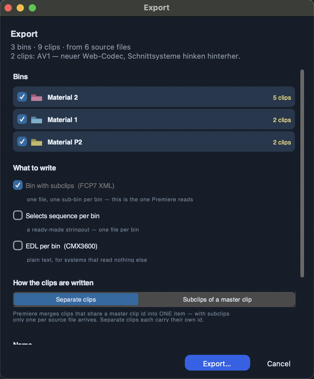 The export dialog with bins and clip options
